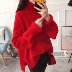 不加絨紅色毛衣女秋冬新款打底韓版高領學生寬松套頭針織衫