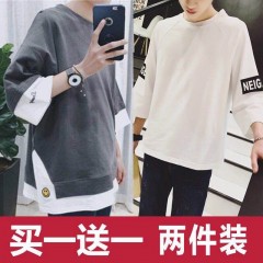 男裝秋季男士長袖t恤韓版寬松青少年衣服男學生七分袖上衣半袖夏